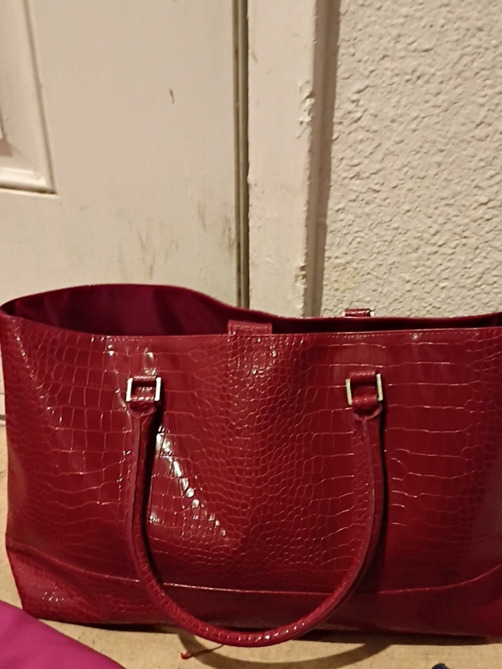 Glossy Red Croc-Embossed Tote Bag with Double Handles